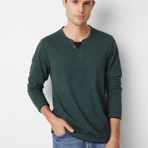 New GUESS Reese Logo Marled Henley Long Sleeve Shirt SZ L